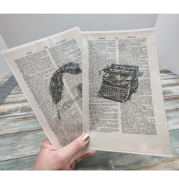 Dictionary Art Prints Set of 2 • Quill & Typewriter • Vintage Bookish Wall Decor - Picture 9 of 10